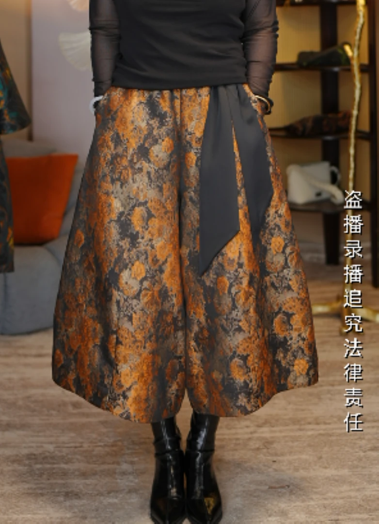 （金色玫瑰腰带花苞裤）花苞阔腿裤/时尚/外穿/宽松/提花春秋