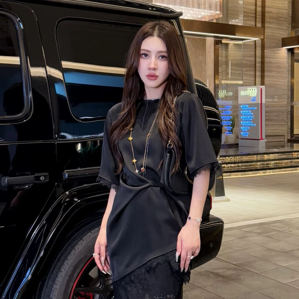 G. yantong/郭彦彤设计感蕾丝拼接T恤宽松短袖气质显瘦小众DDL75