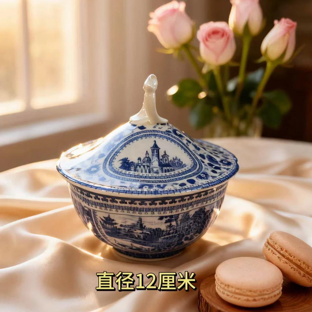 欧洲名画 青花 亭台楼阁 炖盅