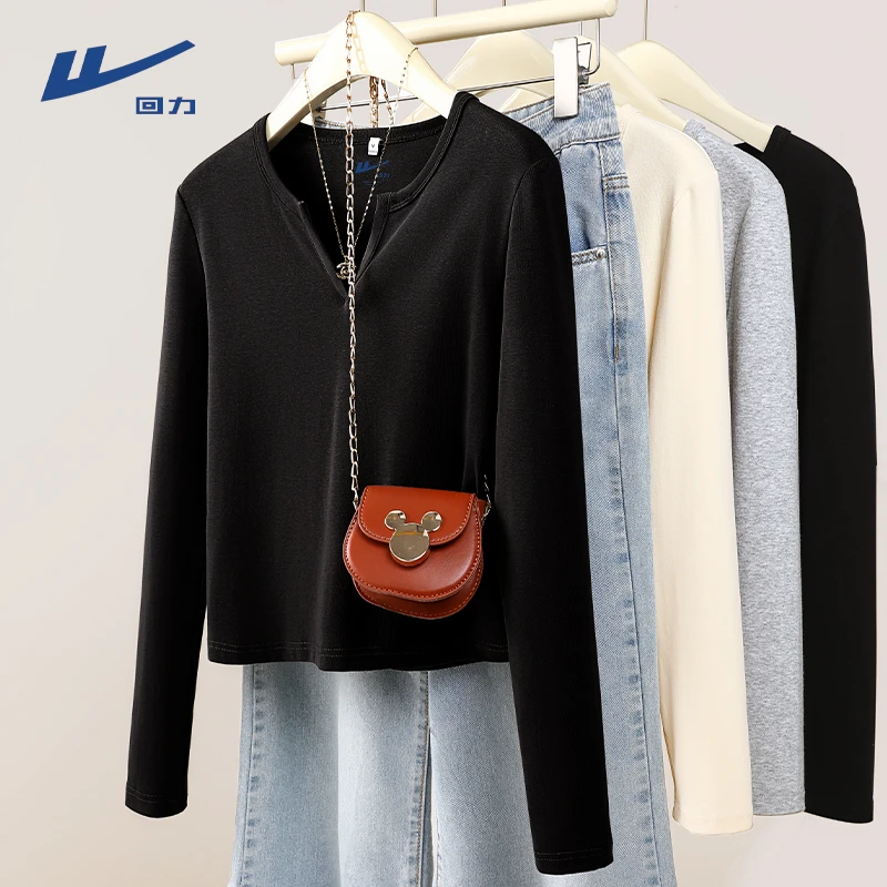 回力2025春秋季正肩V领长袖T恤女修身显瘦百搭翻领黑色上衣内搭X