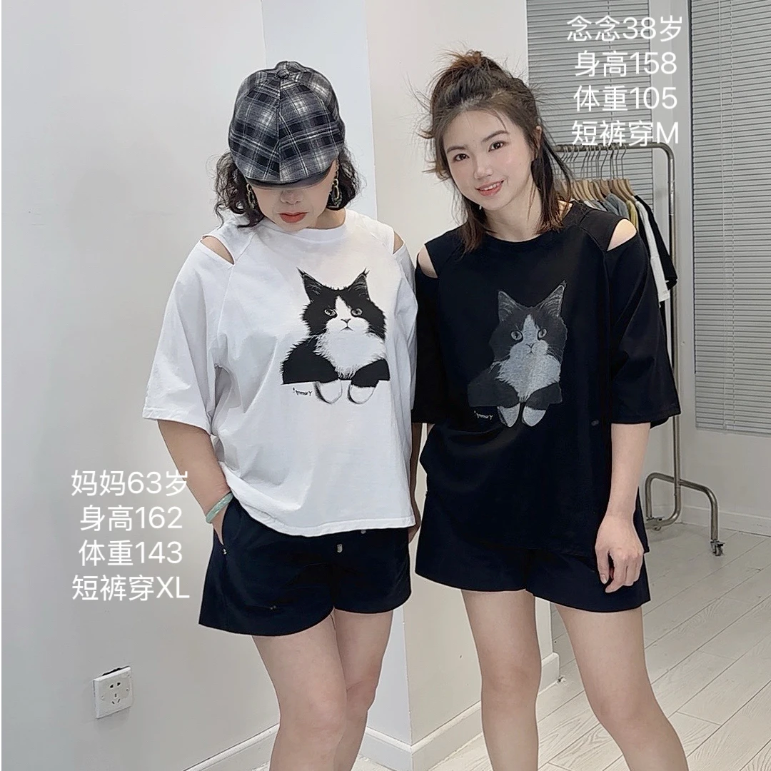 休闲韩版女装宽松显瘦oversize中袖露肩卡通猫咪T恤  311