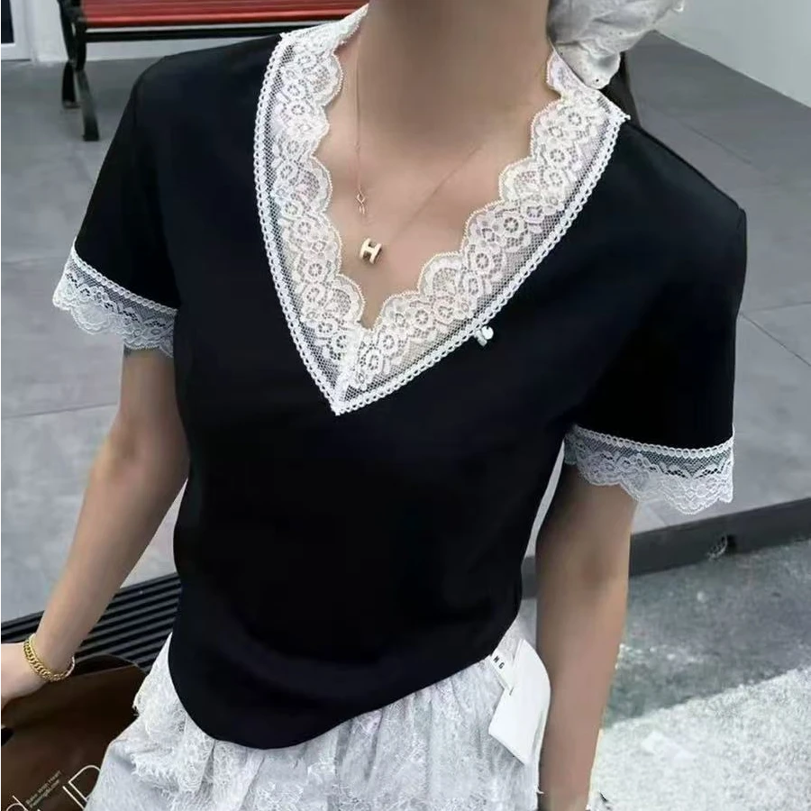 【锦衣服饰】SSJ 25137-1韩系蕾丝拼接V领短袖T