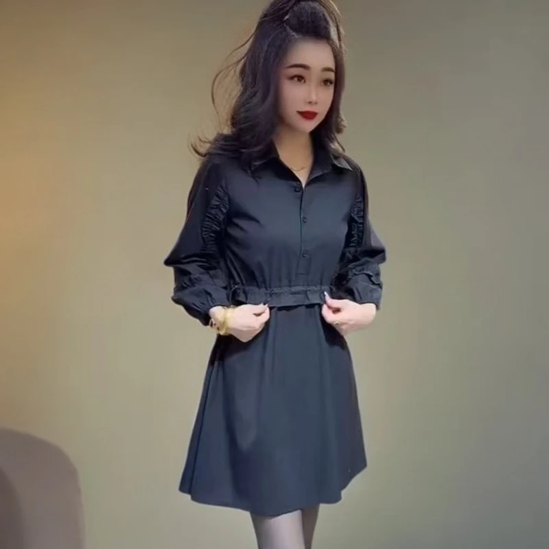 2025年春秋季新款连衣裙韩版气质显瘦木耳边半开领中长款女衬衫裙