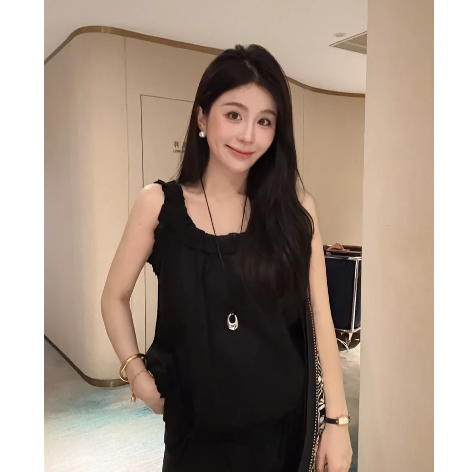 YPP！【清纯小白花】韩系简约木耳边捏褶甜美纯欲风无袖吊带上衣