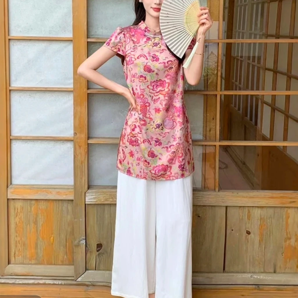 2025新中式国风复古印花盘扣阔腿裤与旗袍衫夏季优雅穿搭套装