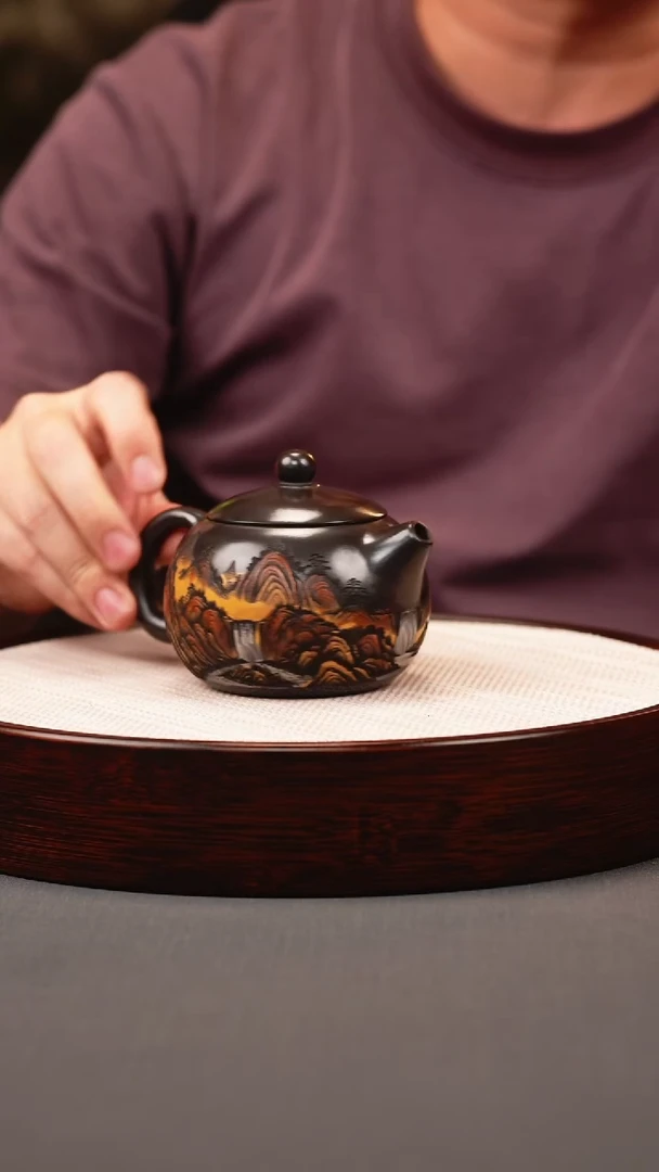 茶壶紫砂石黄 西施 彩刻山水