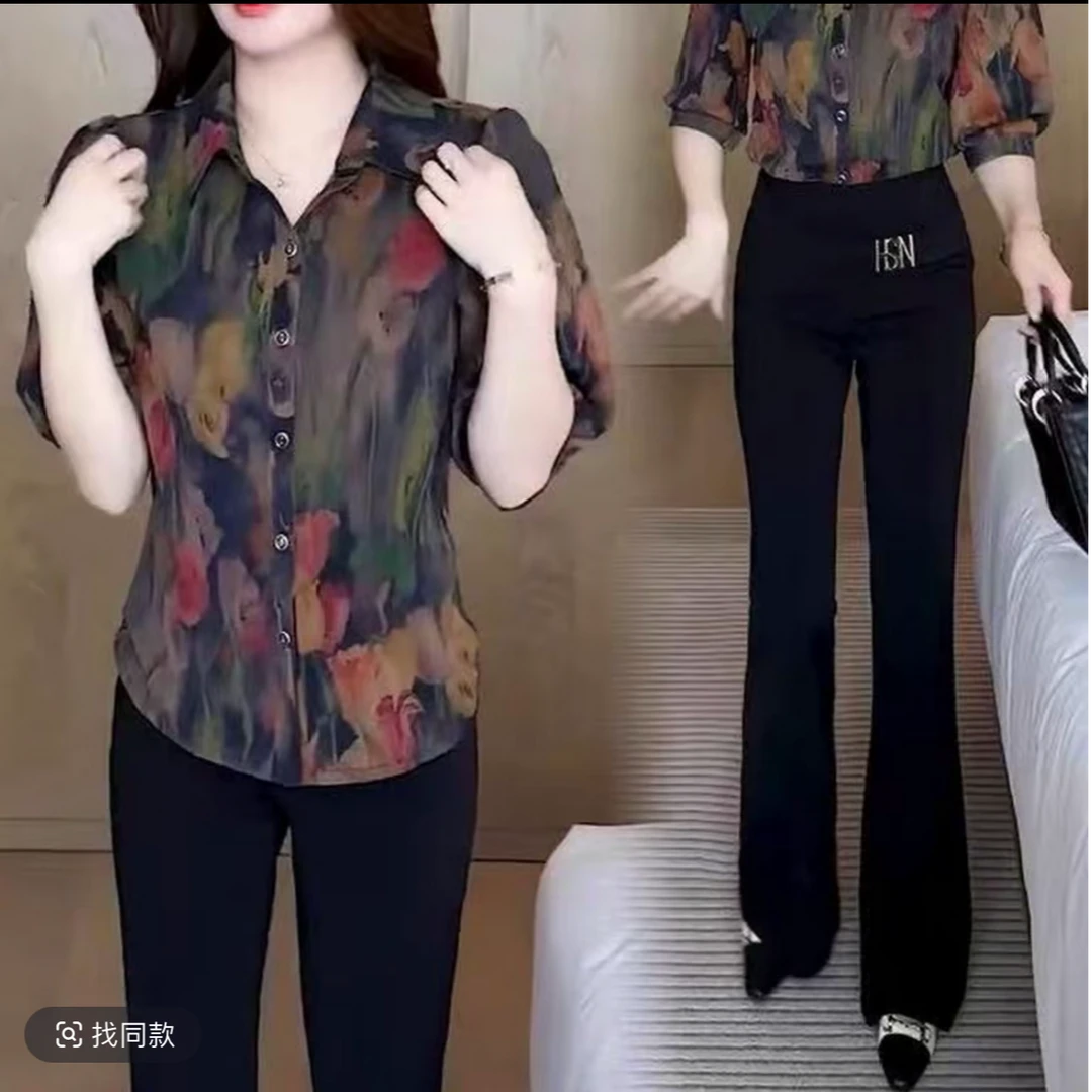 夏季新款印花衬衫女洋气宽松遮肚子薄款漂亮小衫上衣女