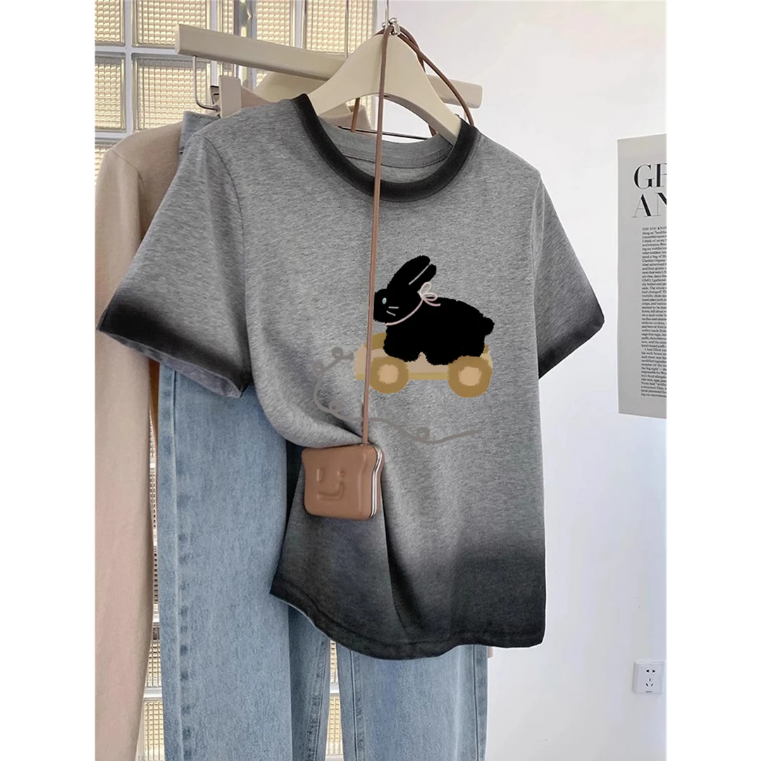 渐变色纯棉女士短袖t恤2025夏季新款正肩设计感洋气百搭显瘦上衣