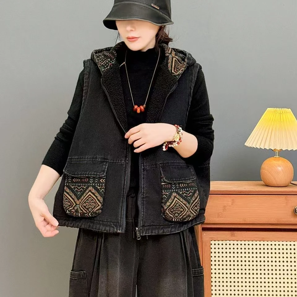 7488新款舒适百搭休闲无袖牛仔加绒连帽马甲女马夹