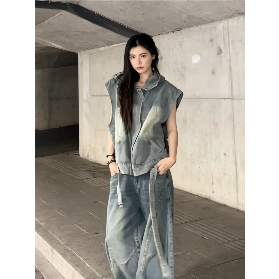 美式复古做旧牛仔无袖马甲背心外套男女潮牌宽松短款百搭上衣ins