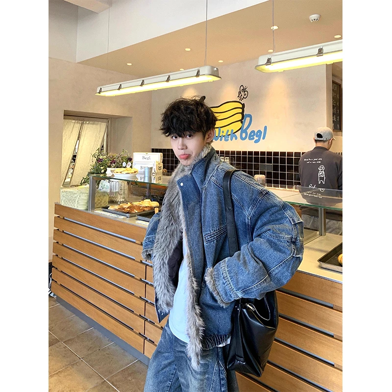 MeeLoo美式水洗牛仔座山雕棉服外套男冬季复古解构可立领夹克棉衣