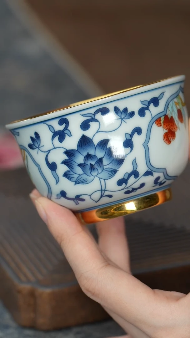 【鎏金喜鹊碗型杯（莲花）】【蓝12西泠礼盒】