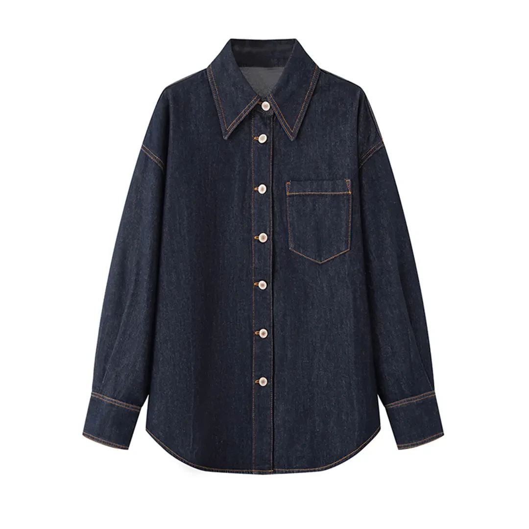 艾家商场同款公主风牛仔衬衫新款秋季长袖宽松上衣翻领衬衣3042