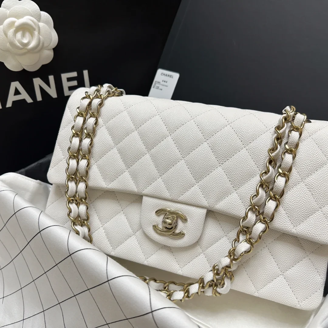 99新 Chanel/香奈儿 小花6欢 CF 中号 25.5cm 白色 芯片开 单肩包