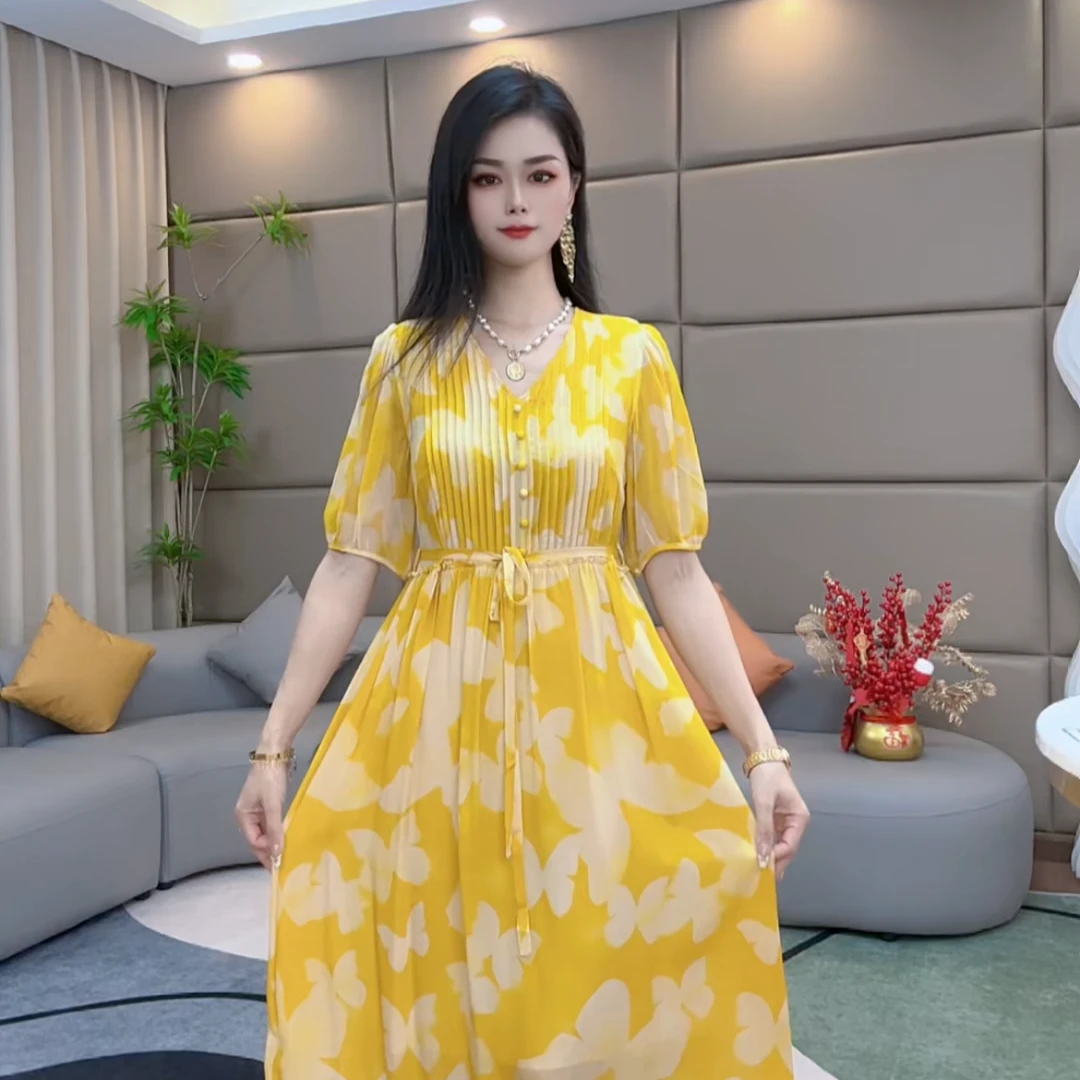 蝴蝶V领压褶系带气质真丝裙 90237