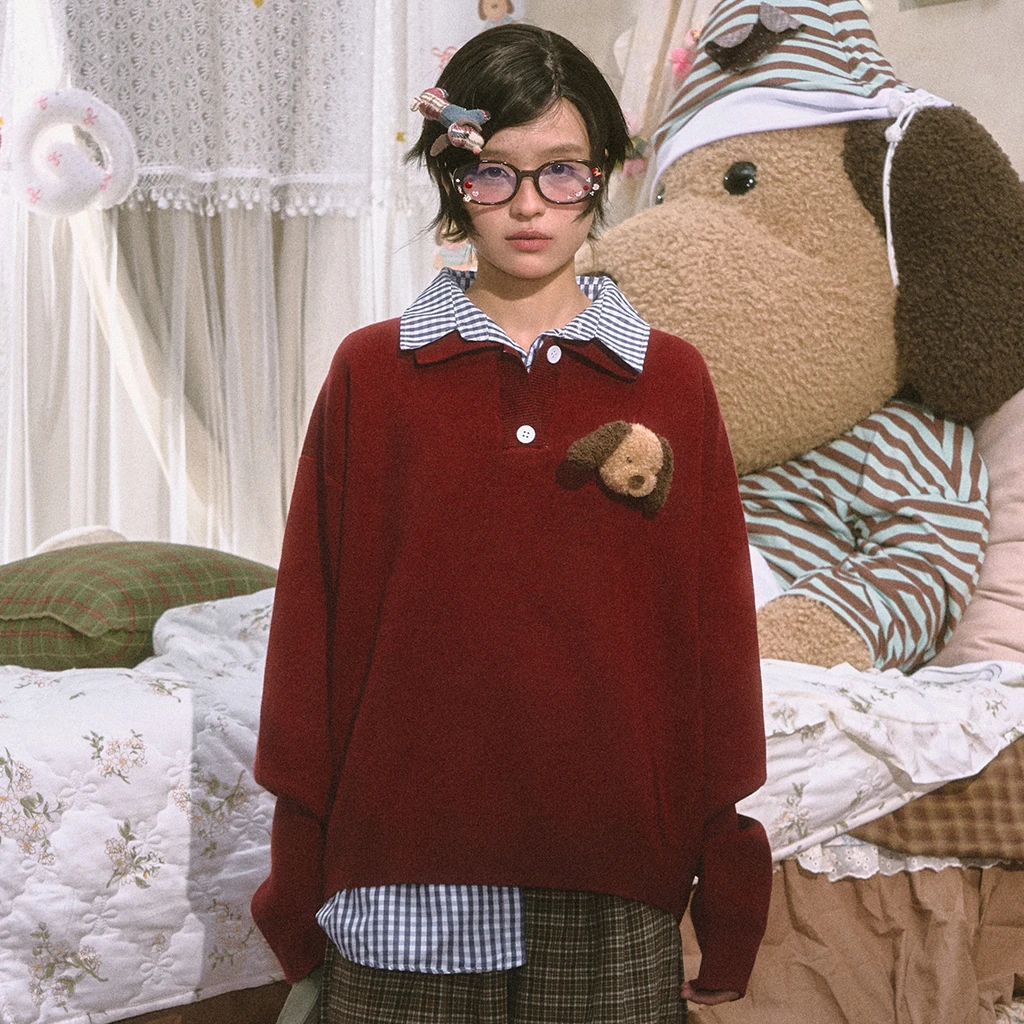 【双十一】OHTODOG格纹红毛衣衬衫假两件复古长袖宽松慵懒风纽扣