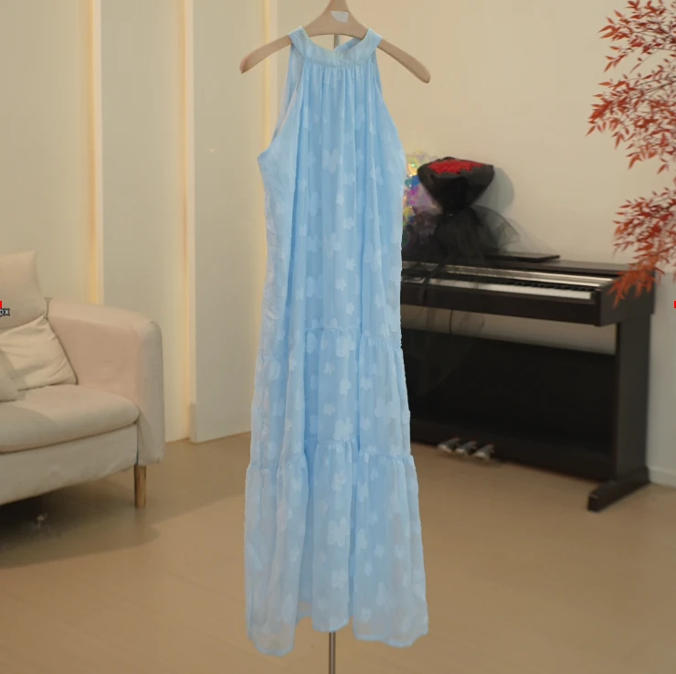 C351 ML系列法式甜美复古无袖挂脖露肩大摆连衣裙