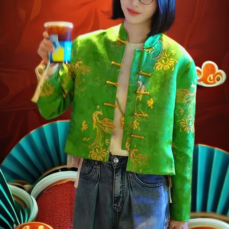 新中式国风高级感立领短外套女秋冬新款宽松休闲显瘦绿色百搭上衣