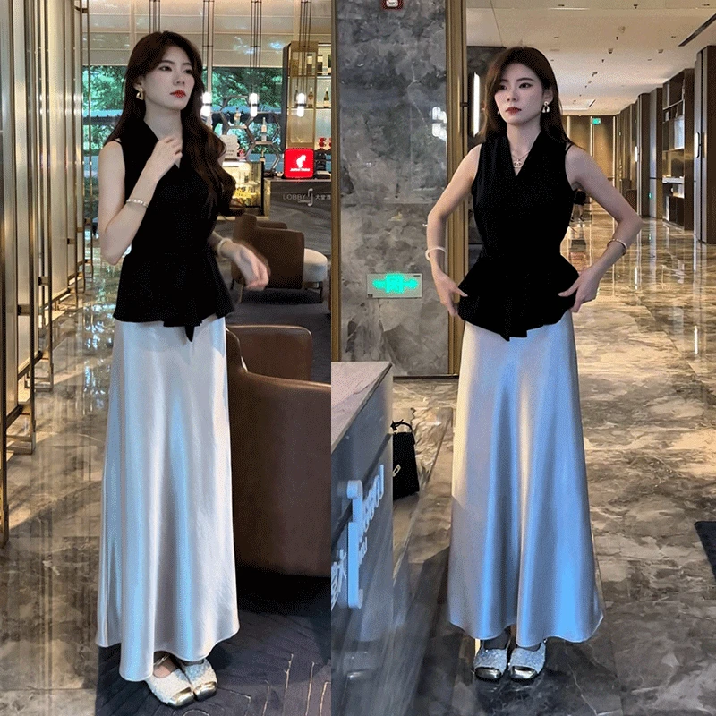 复古气质V领绑带设计感修身显瘦高级感衬衫上衣+时尚半身裙套装