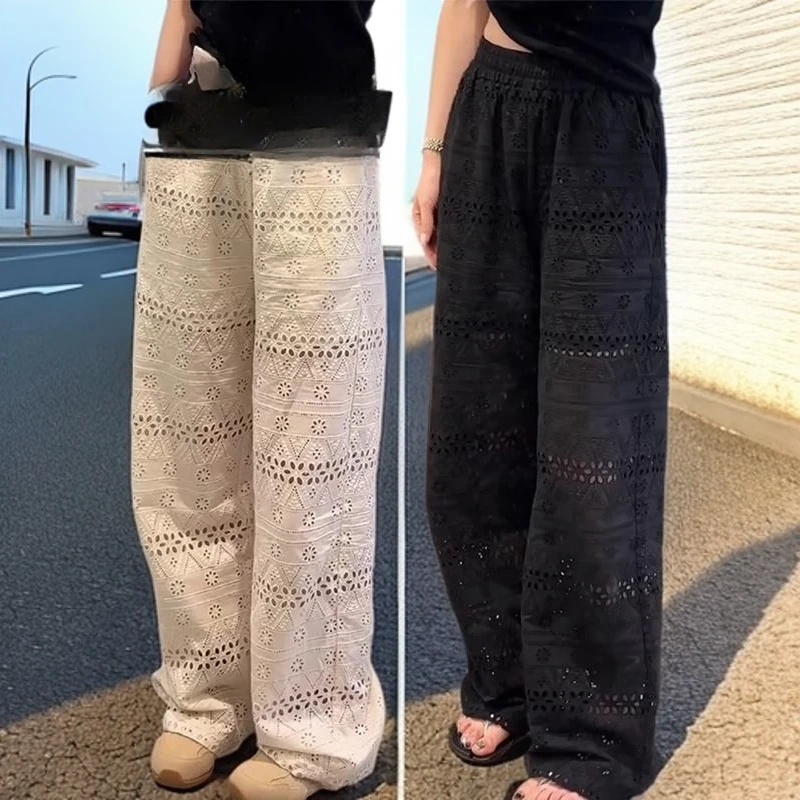 GPTSu镂空阔腿裤女夏季2025高腰直筒垂感休闲小个子时尚凉凉裤潮