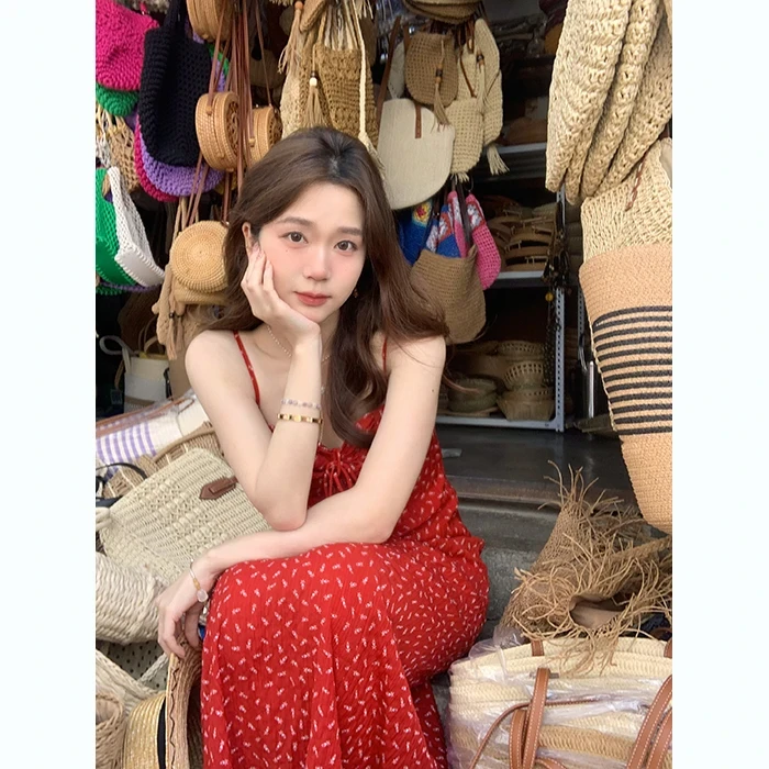 【限定温柔】春夏海边度假碎花红色长款连衣裙小众设计气质显瘦显白