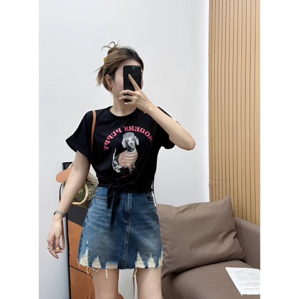 Sunshine 加州tee 韩系百搭卡通减龄设计感百搭系带显瘦T恤