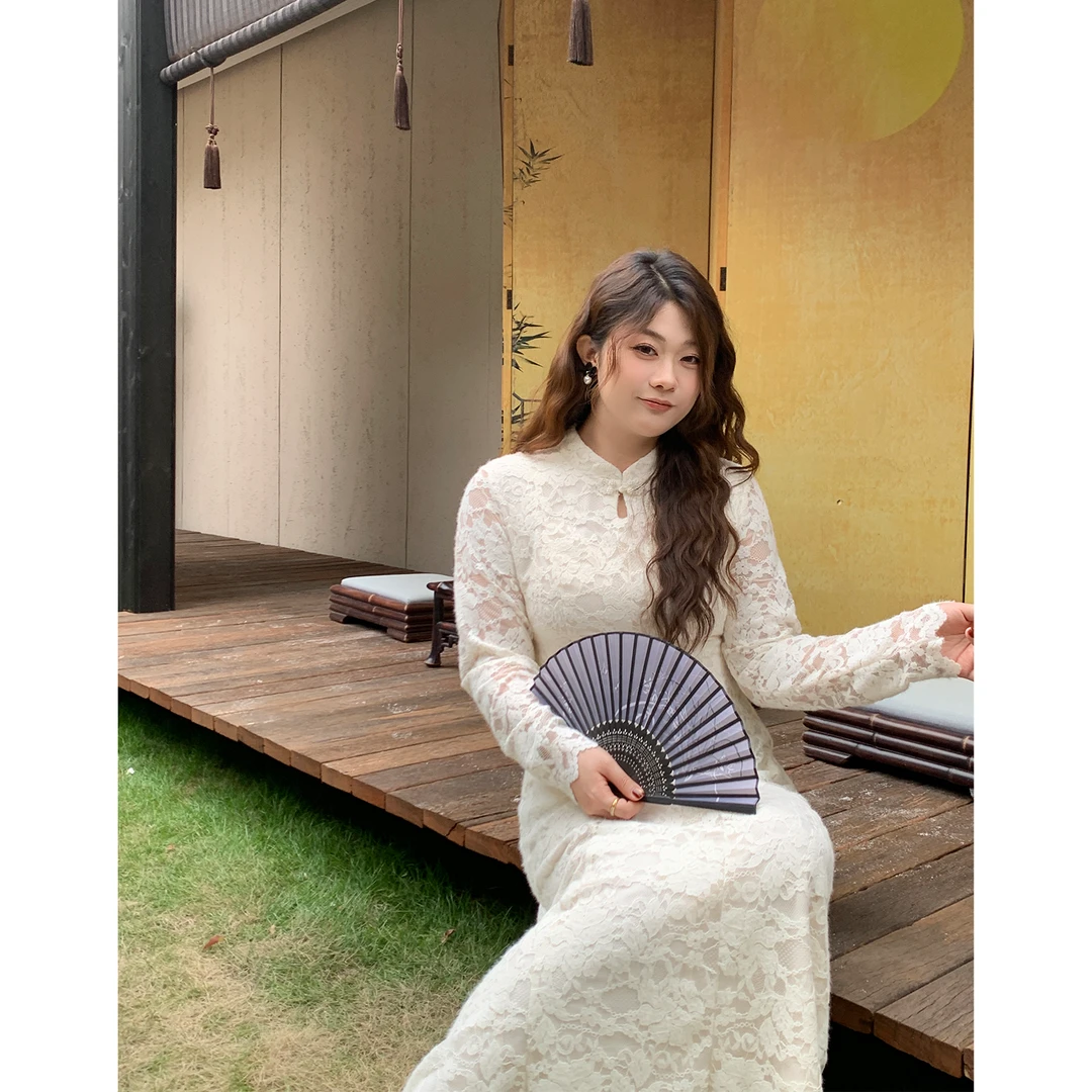 裂渡宣宣【梦中情衣】新中式蕾丝裙女冬百搭显瘦气质连衣裙ZY509A05