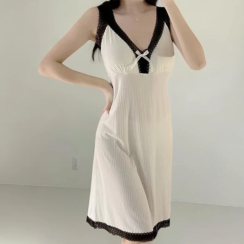 莫代尔棉睡衣吊带睡裙女士夏季新款性感V领蕾丝带胸垫家居服春夏