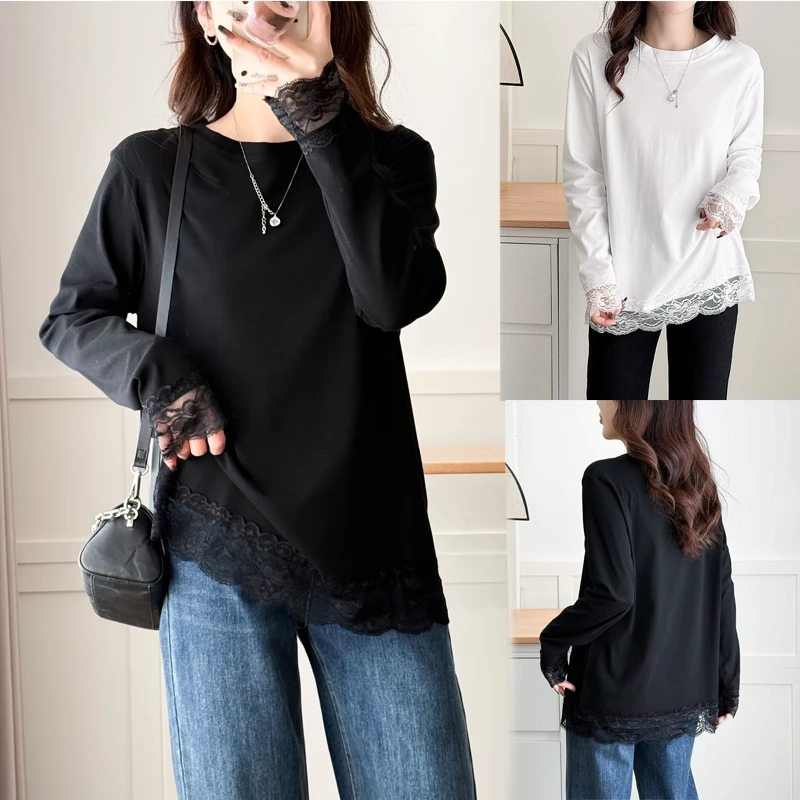 大码女装春秋长袖中长款打底衫时尚百搭宽松圆领休闲大白T恤--022