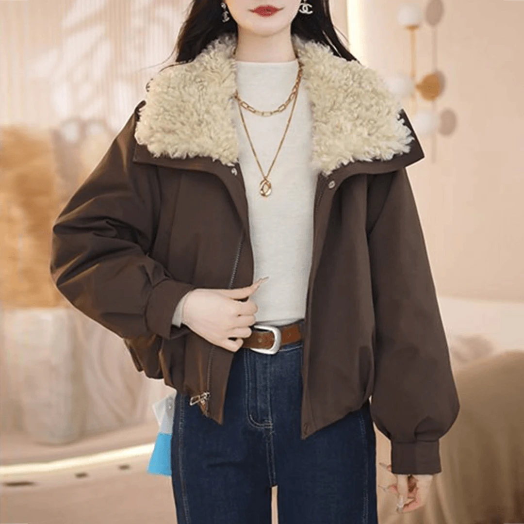 复古风大翻领毛毛夹克外套女秋冬高级感宽松加厚保暖派克棉服上衣