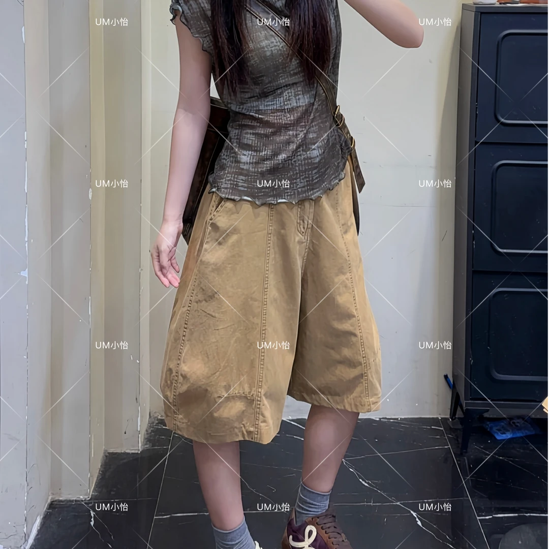 鑫怡定制【小岛游夏】夏季新款美式复古宽松简约百搭六分裤