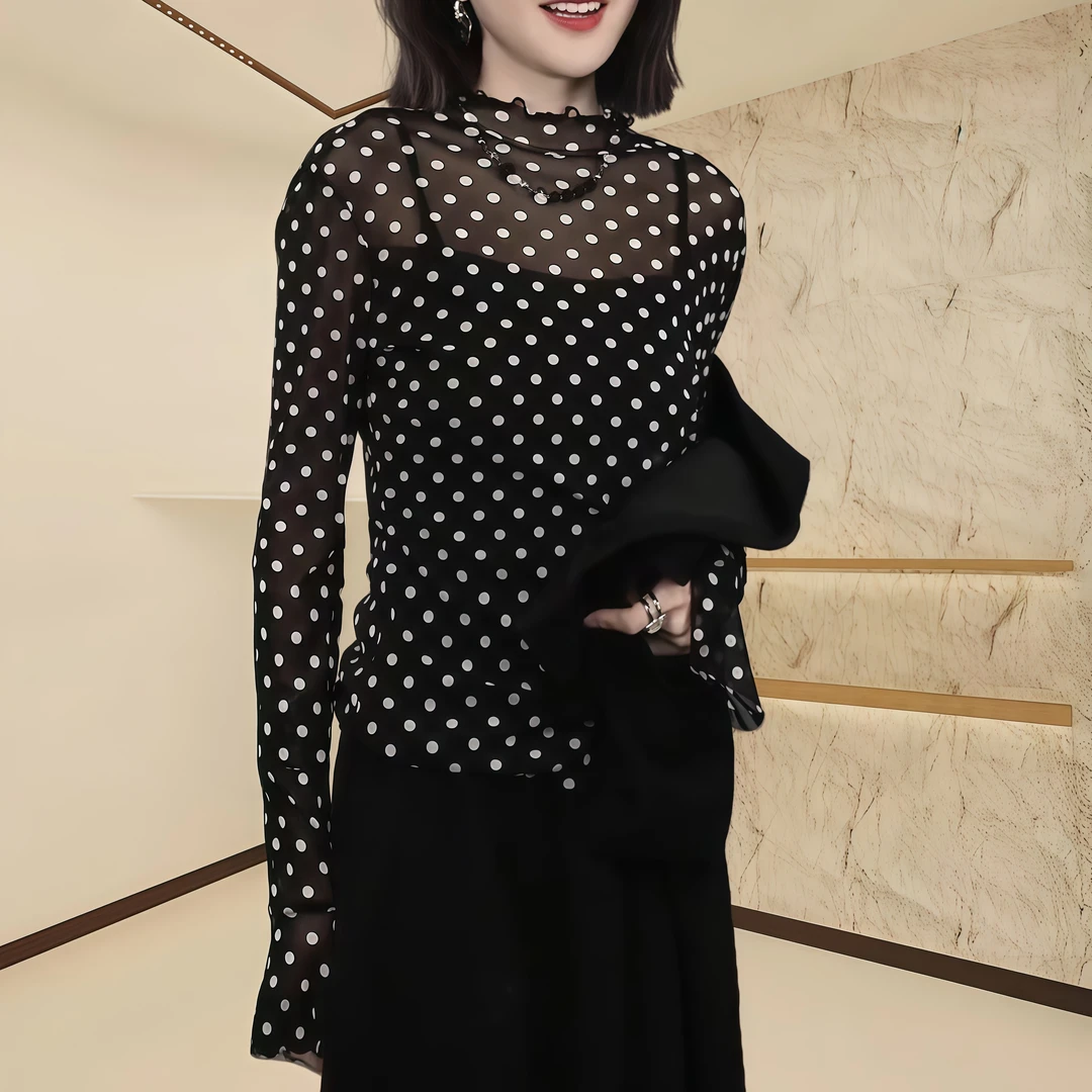 【流动波点】复古港风春夏微透T恤洋气木耳边时尚百搭显瘦上衣女士