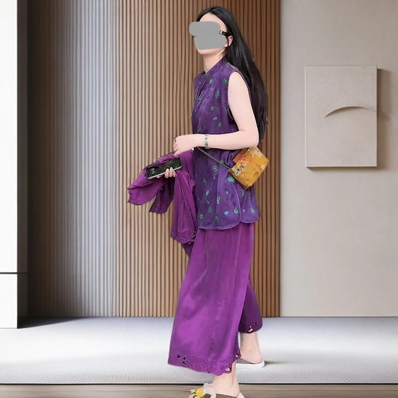 巨好看的夏装一整套新中式国风轻熟小众不撞款紫色印花马甲套装裤