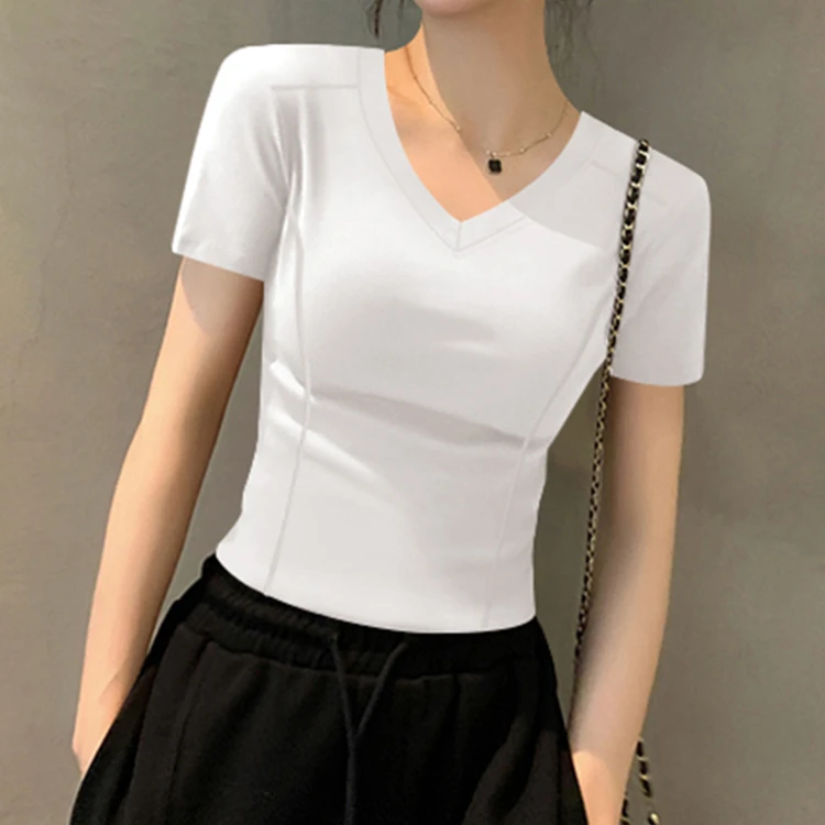夏季新款白色v领短袖T恤女正肩半袖修身显瘦洋气薄款鱼骨线上衣潮