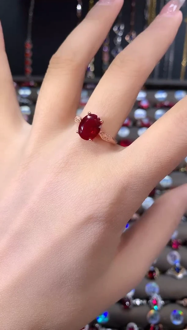 银S925镶嵌戒指红宝石810酒红玫瑰金