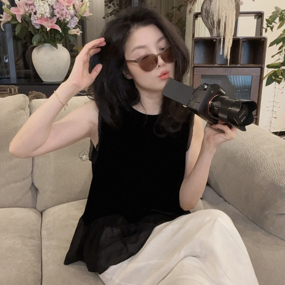 【悦悦专属】夏季减龄高级设计下摆花边丝绒拼接马甲Y442