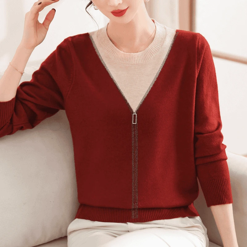 时尚妈妈春秋减龄针织小衫毛衣内搭洋气中老年女装气质假两件上衣