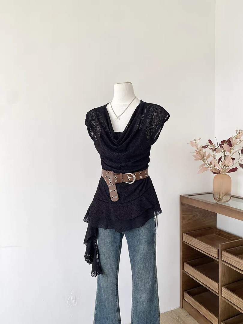 夏季甜辣风白色荡领荷叶边不规则飘带短袖T恤女上衣