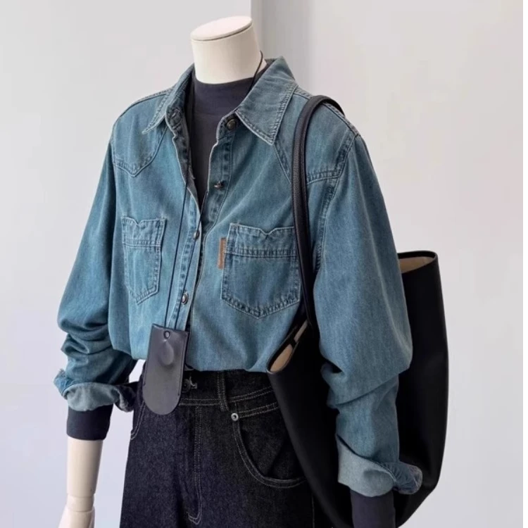复古港风蓝色牛仔衬衫女秋冬设计感叠穿内搭小个子正肩上衣外套潮