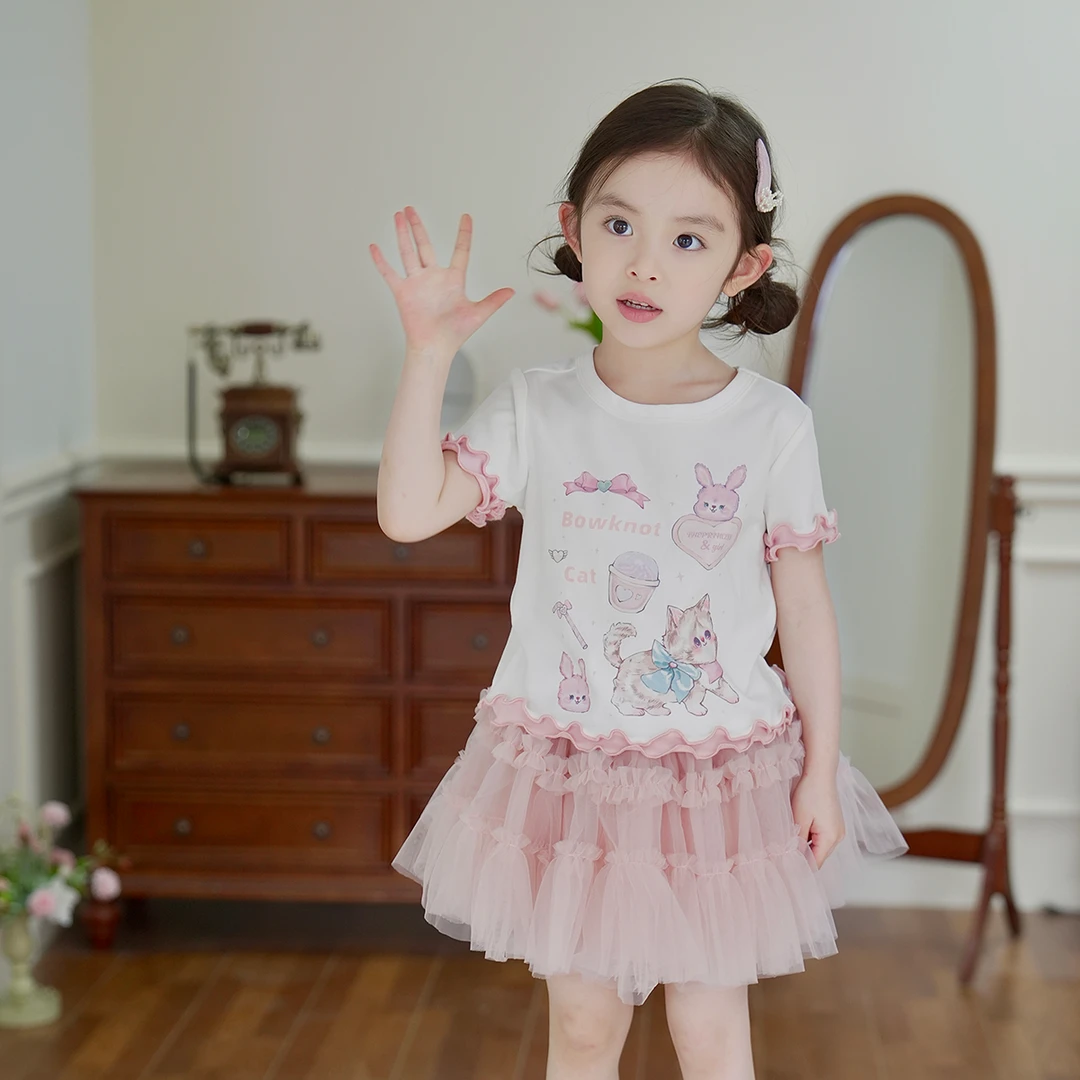 现货5518女童圆领百搭短袖夏季休闲花边T恤甜美洋气上衣