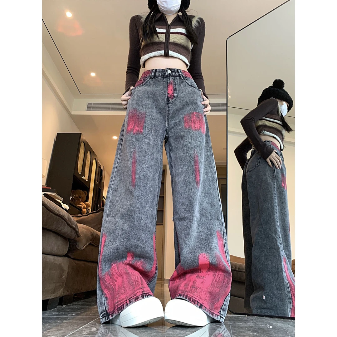 美式高街复古牛仔裤女春季新款小众设计感涂鸦hiphop阔腿拖地裤子