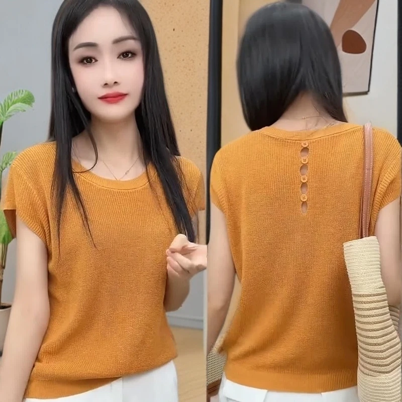 后背纽扣设计感韩系时尚上衣甜美温柔风短袖2025夏季新款针织衫女