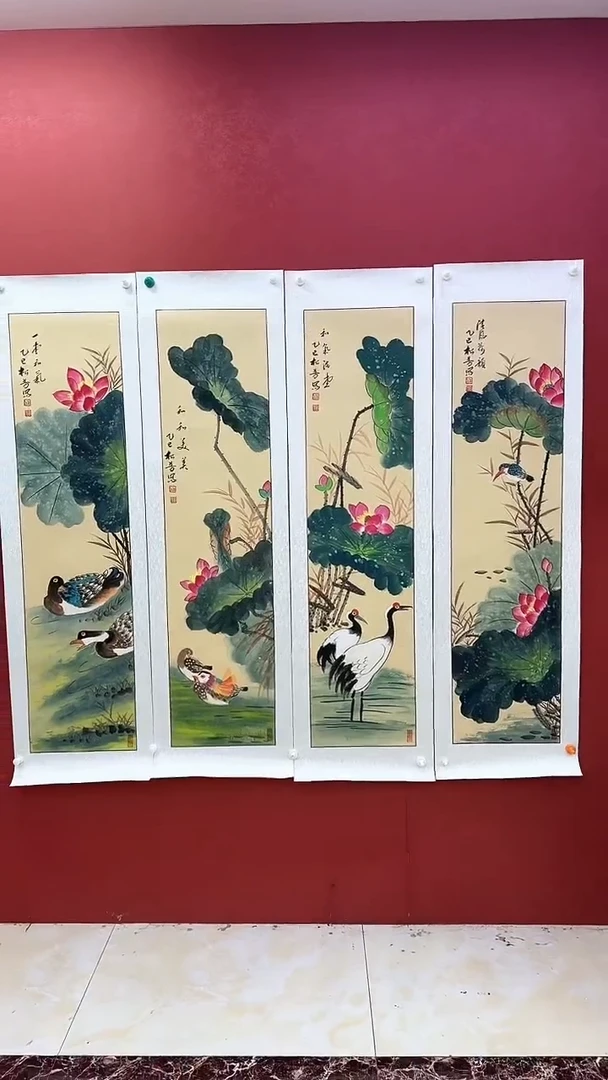 国画国画《荷花鹤》四条屏
