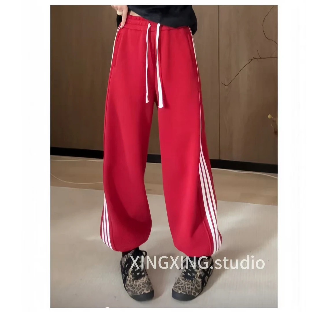 X.x.韩版加绒高腰加厚休闲卫裤女冬季侧边条纹裤运动裤阔腿裤5315