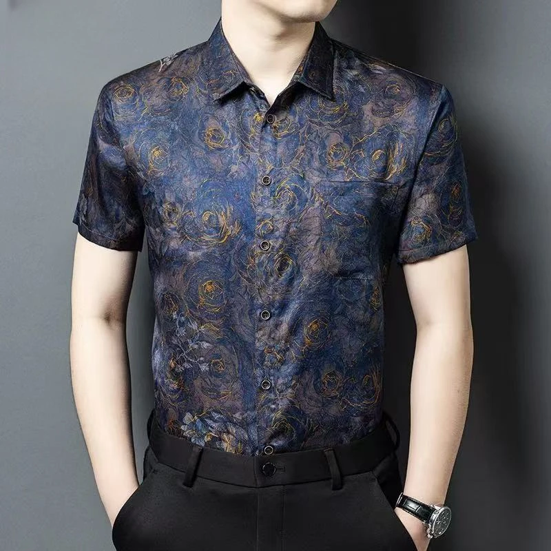 香云纱100短袖衬衣男士百分百桑蚕丝夏季花衬衫男装丝绸真丝花萝