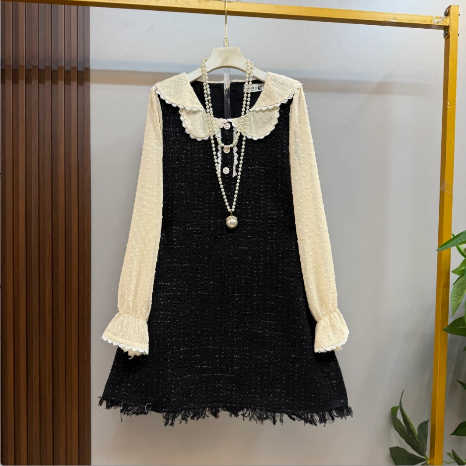 初秋新款大码时尚减龄温柔精致洋气娃娃领小香风显瘦连衣裙