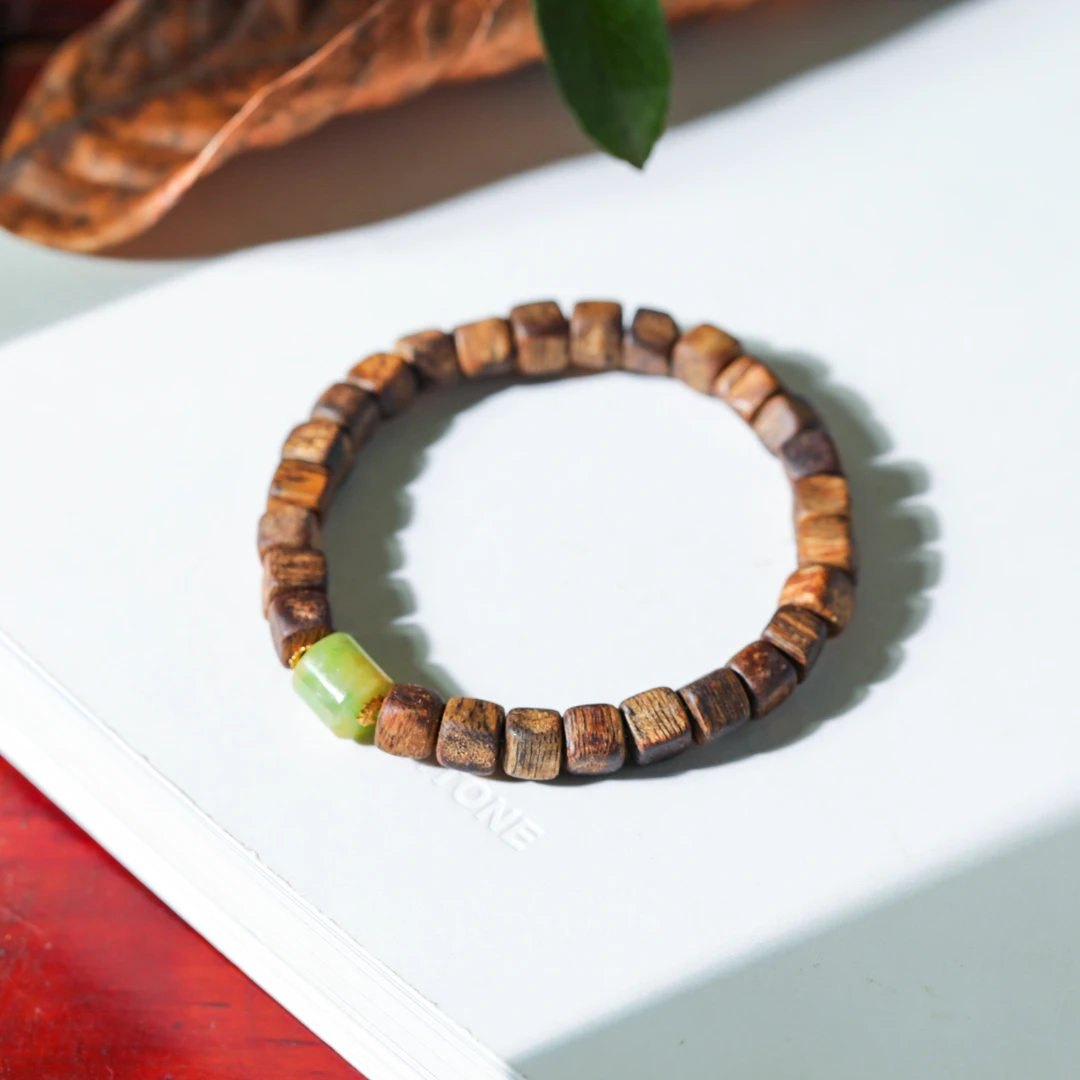 【意婵】《无相》精品天然九九沉棋楠沉香单圈18K金翡翠-909241