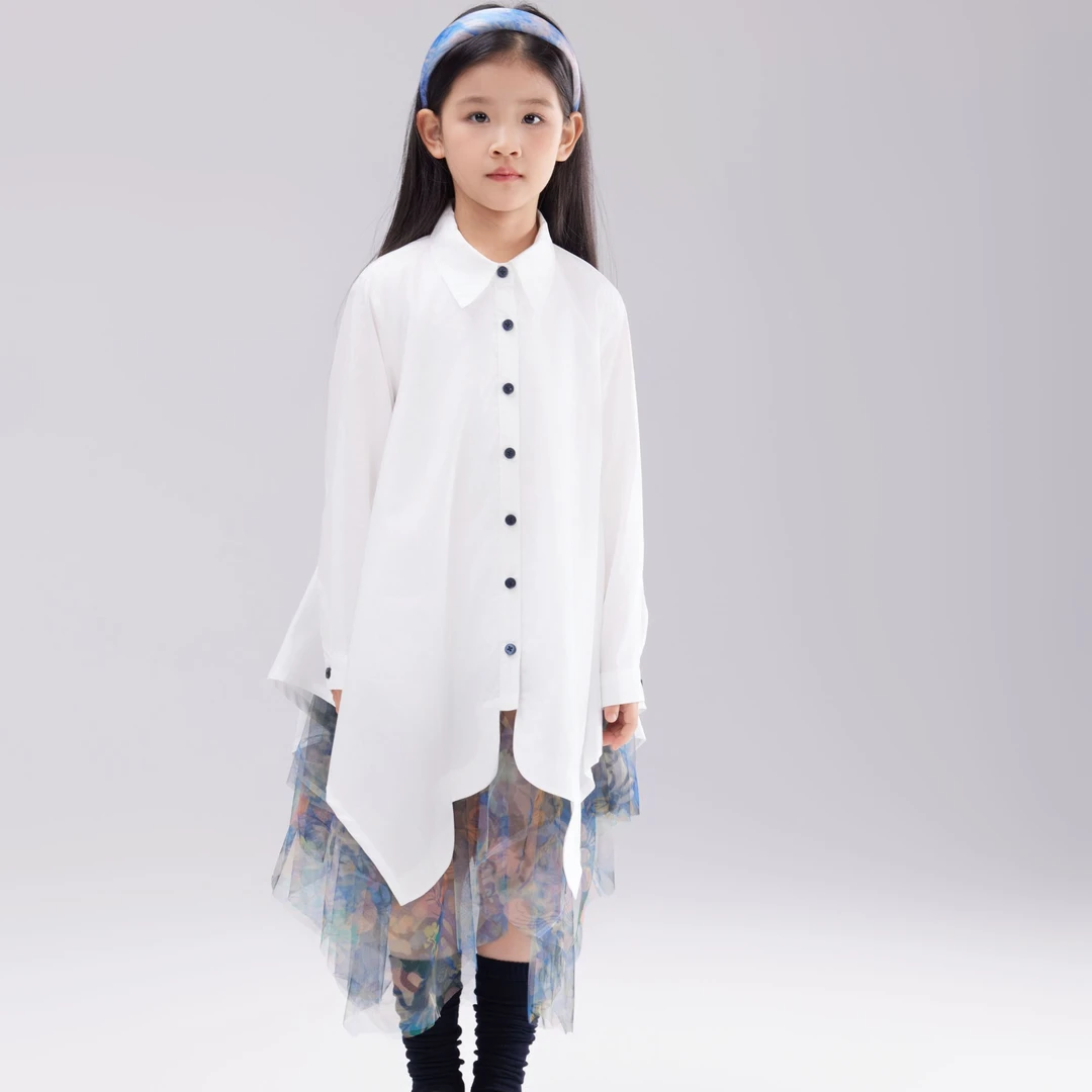 （52%莱赛尔+48%棉）100%锦纶网纱长袖翻领衬衣连衣裙5122033025