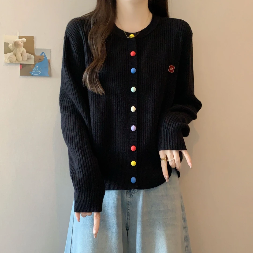 大码遮肚子彩扣长袖针织开衫女春秋胖MM宽松显瘦百搭洋气毛衣外套