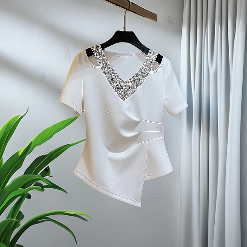 夏季女装2025新款白色v领镶钻不规则短袖t恤女时尚百搭设计感上衣